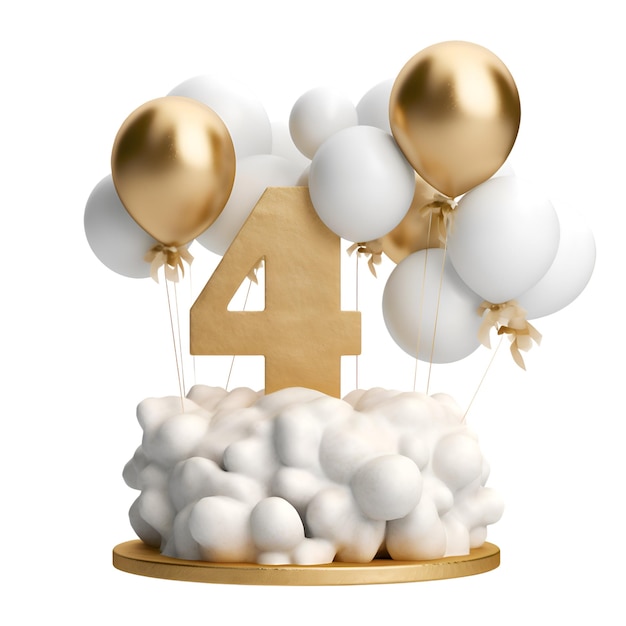 Число 4 с воздушными шарами и хлопчатобумажной шерстью, изолированными на белом фоне 3D-иллюстрация