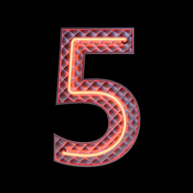 Foto numero 5, alfabeto. neon 3d retrò numero isolato su uno sfondo nero con tracciato di ritaglio. illustrazione 3d.