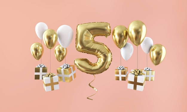 Number 5 birthday celebration gold balloon with presents 3D Render