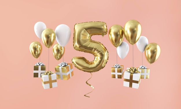 Number 5 birthday celebration gold balloon with presents 3d render