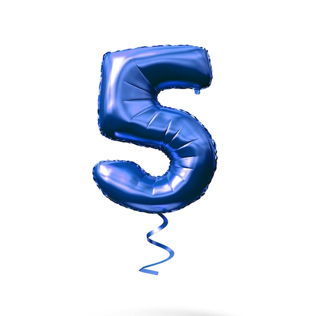 Number 5 blue foil helium balloon isolated on a white background 3D Render