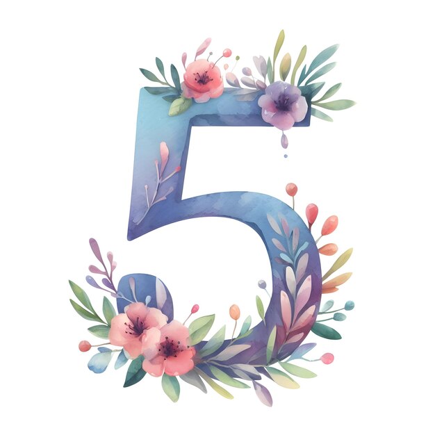 The number 5 childrens watercolor illustration