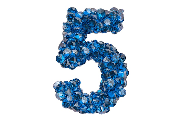 Number 5 from blue diamonds or sapphires with brilliant cut 3D rendering