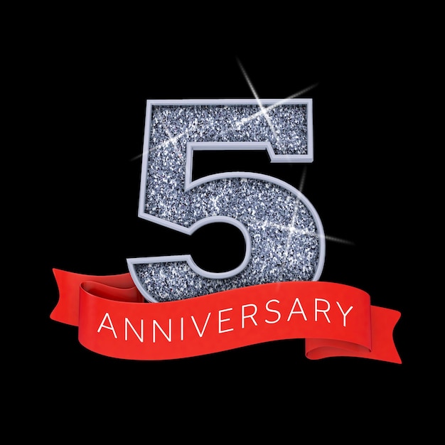 number 5 silver sparkling anniversay celebration banner 3d render