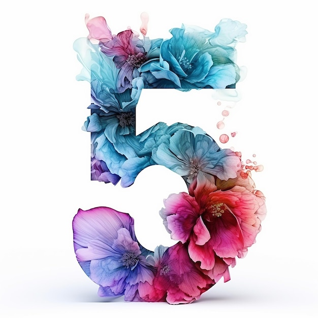 number 5 with watercolor floral for birthday and other floral design Isolated on white background