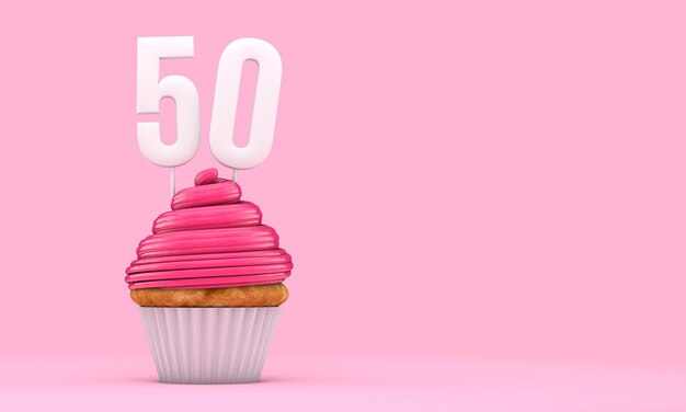 Number 50 pink birthday celebration cupcake 3D Rendering