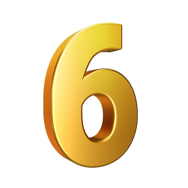 Number 6, Alphabet. Golden 3d number isolated on a white background with Clipping Path. 3d illustration.