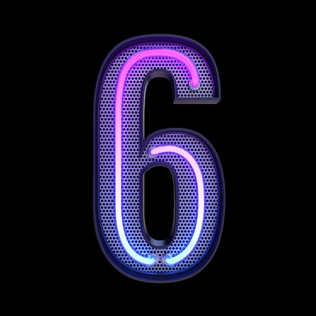 Number 6, Alphabet. Neon retro 3d number isolated on a black background with Clipping Path. 3d illustration.
