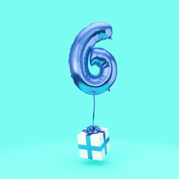 Number 6 birthday celebration foil helium balloon with presents 3D Render