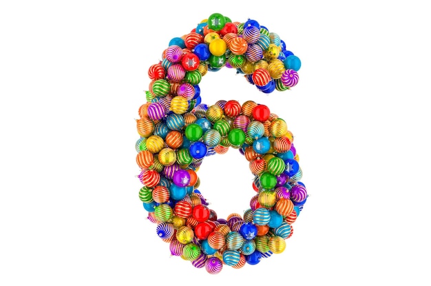 Number 6 from colored Christmas balls Xmas balls font 3D rendering