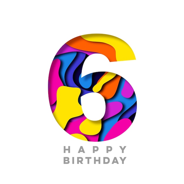 숫자 6 생일 축하합니다 다채로운 종이 잘라낸 디자인