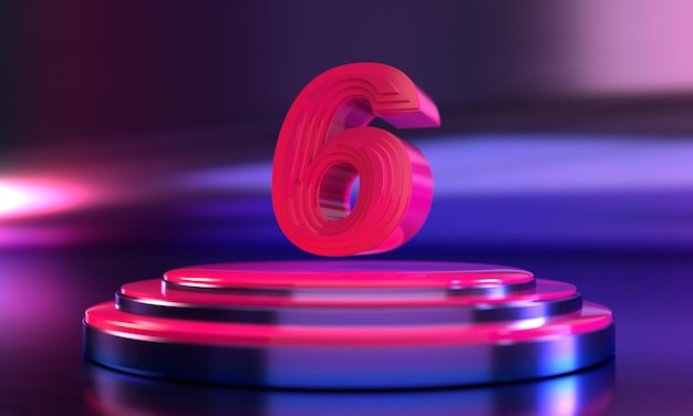 Number 6 above triple neon purple pink pedestal with neon purple background