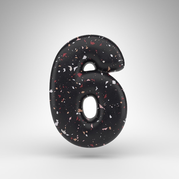 Number 6 on white background. 3D rendered number with black terrazzo pattern texture.