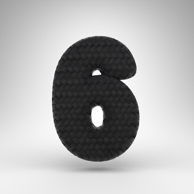 Number 6 on white background. Black carbon fiber 3D rendered number with carbon thread texture.