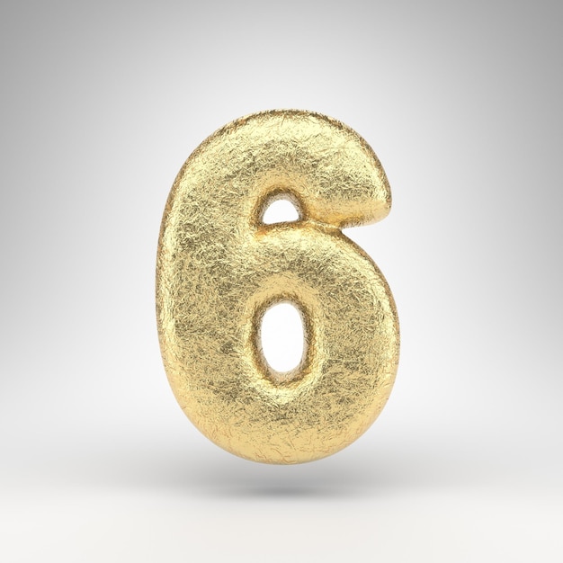 Number 6 on white background. Creased golden foil 3D rendered number with gloss metal texture.