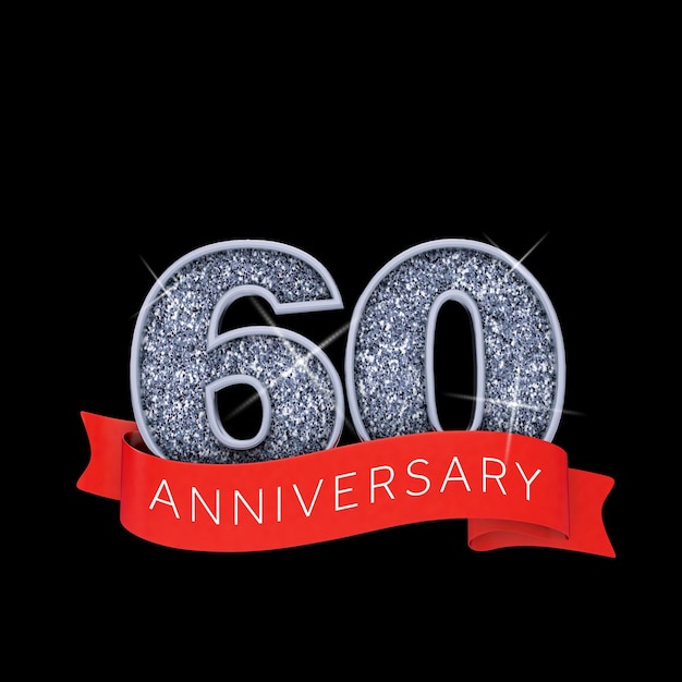 Number 60 silver sparkling anniversay celebration banner 3D Render