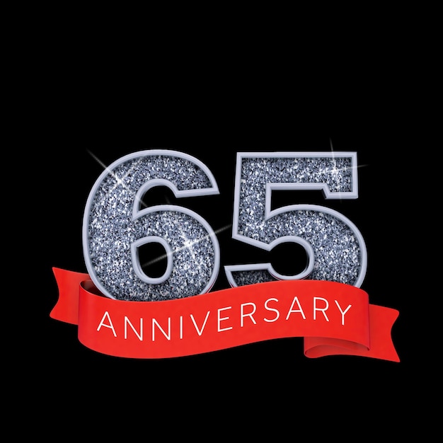 Number 65 silver sparkling anniversay celebration banner 3D Render