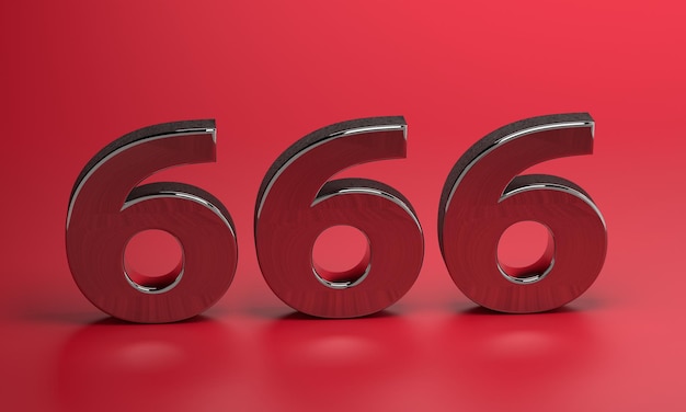 Фото Номер 666 из стали на красном фоне 3d рендеринг