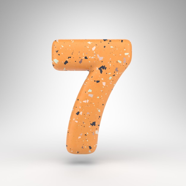 흰색 바탕에 숫자 7입니다. 오렌지 테라조 패턴 텍스처가 있는 3D 렌더링된 번호입니다.