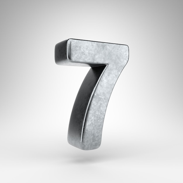 Number 7 on white background. Gun metal 3D rendered number with rough metal texture.