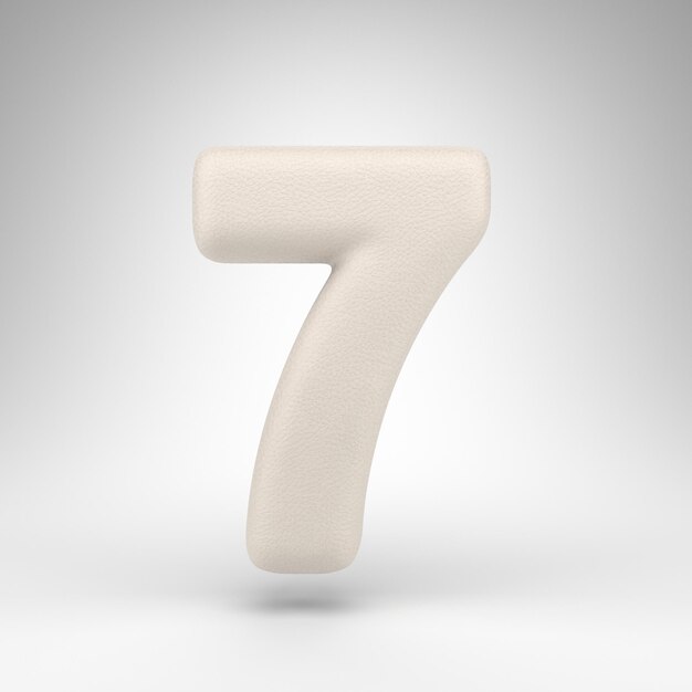 Number 7 on white background. White leather 3D rendeWhite number with skin texture.