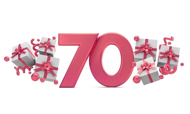 Number 70 pink birthday celebration number with gift boxes 3D Rendering