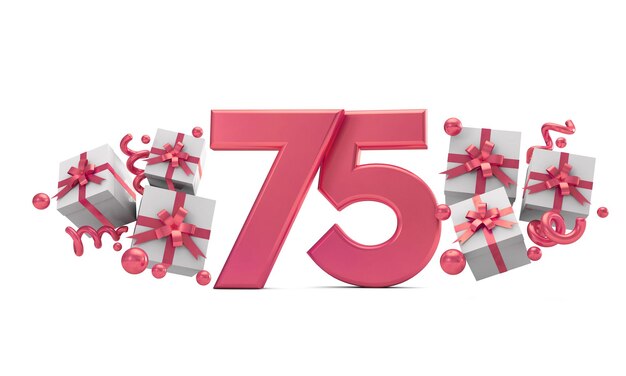 Number 75 pink birthday celebration number with gift boxes 3D Rendering