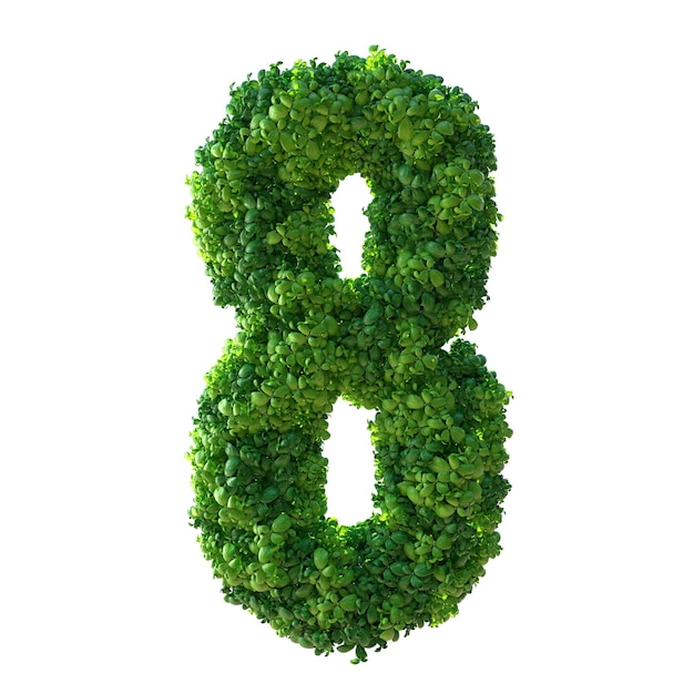 Number 8 Alphabet Green plant isolated Clipping Path 3d illustration leaves grass moss basil mint