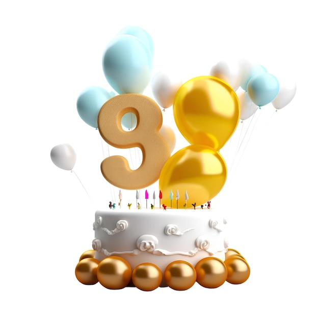 Number 8 birthday cake with gold and blue balloonsisolated on white background