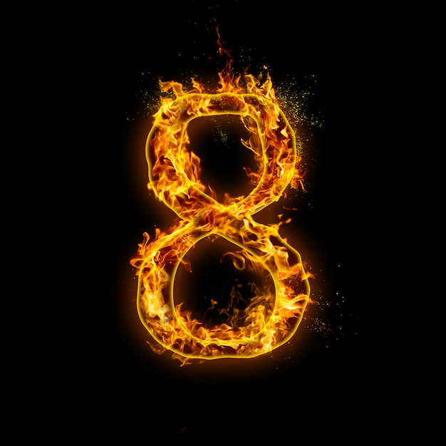 Number 8. fire flames on black , realistic fire effect with
sparks.