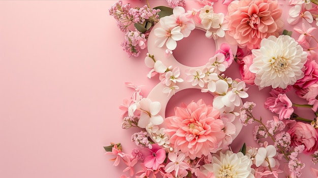 Number 8 Illustration Floral decoration background banner for 8th march womens day with copy space