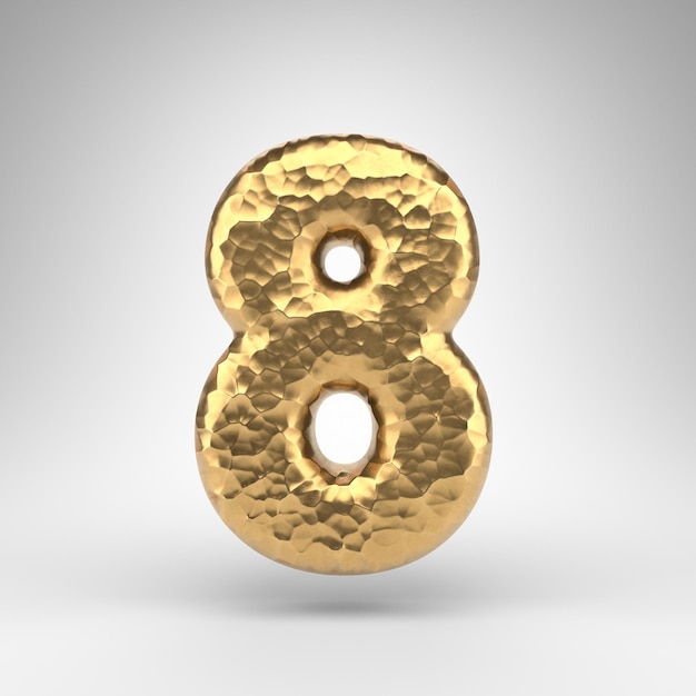 Number 8 on white background. Hammered brass 3D rendered number with shiny metallic texture.