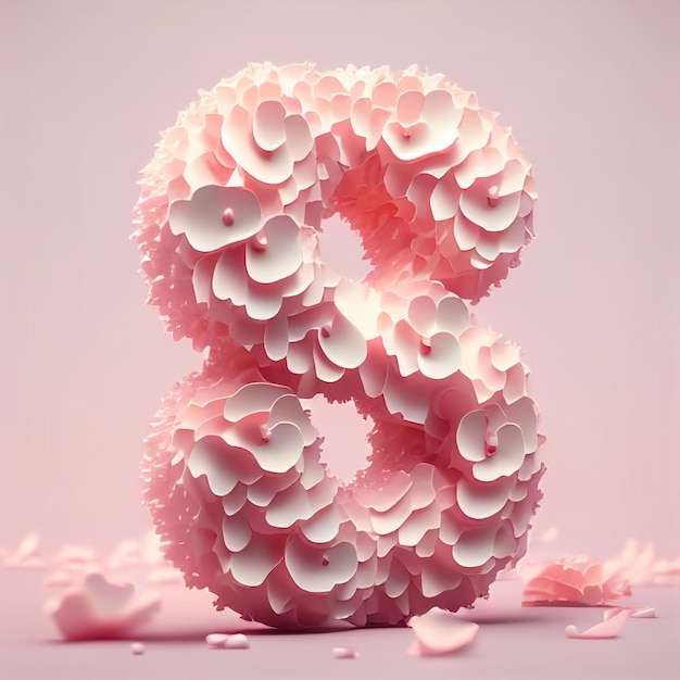 Номер 8 с цветочной композицией на розовом фоне. Открытка с женским днем. Генеративный ИИ.