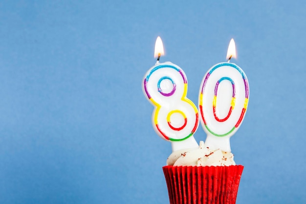 Number 80 birthday candle in a cupcake against a blue background