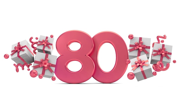 선물 상자가 있는 80번 분홍색 생일 축하 번호 3D 렌더링