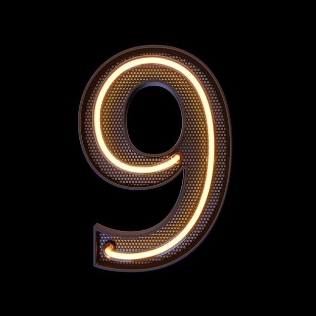 图9号字母。霓虹灯复古的3 d数字隔离与剪切路径在一个黑色背景。3 d演示。