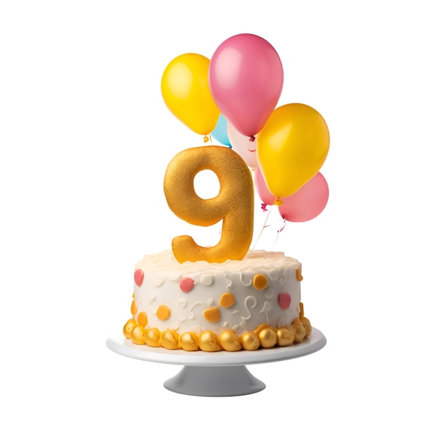 Number 9 birthday cake with balloons and confetti isolated on white background