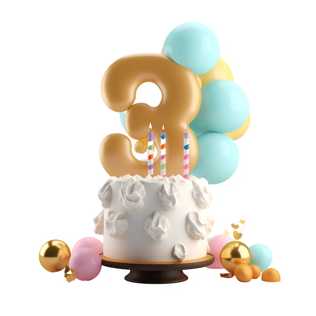 Number 9 birthday cake with candles and balloons3D rendering isolated on white background