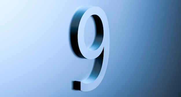 Number 9 on a blue background with reflection abstract nine\
bluish metallic color with reflection 3d rendering\
illustration