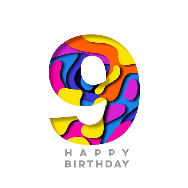 Number 9 Happy Birthday colorful paper cut out design