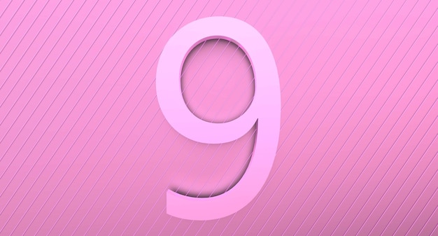 Number 9 on a pink background with reflection and neon stripes Abstract number NINE in pinkish color with reflection 3D render