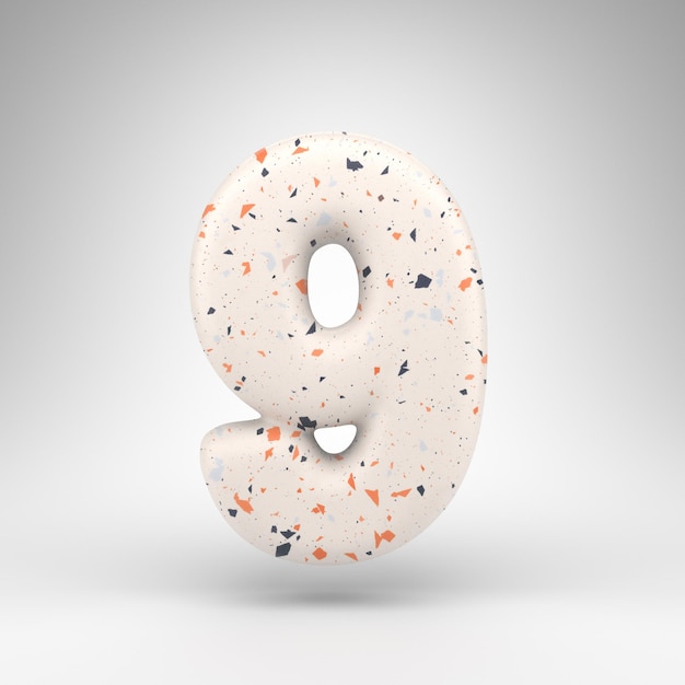 Number 9 on white background. 3D rendered number with terrazzo pattern texture.