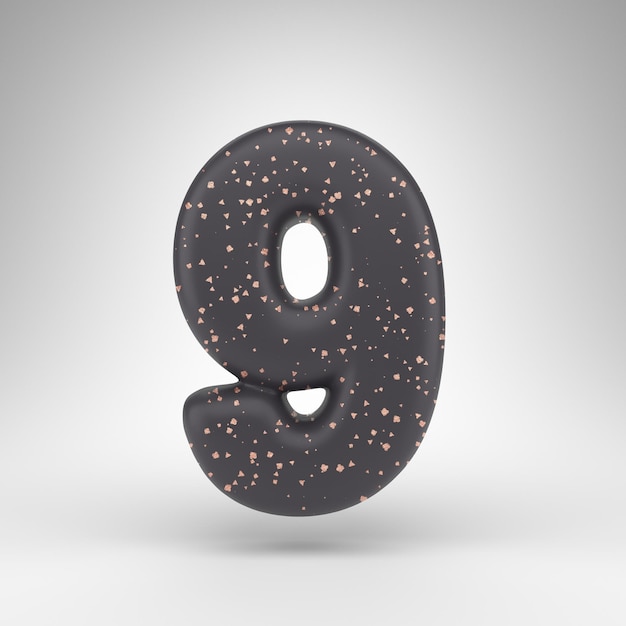 Number 9 on white background. Black matte 3D rendered number with copper dots texture.