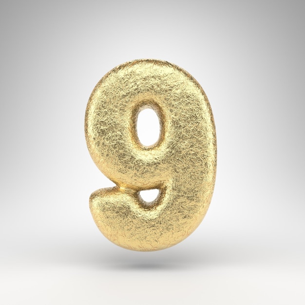 Number 9 on white background. Creased golden foil 3D rendered number with gloss metal texture.