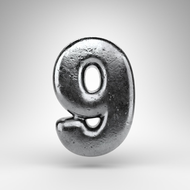 Number 9 on white background. Iron 3D rendered number with gloss metal texture.