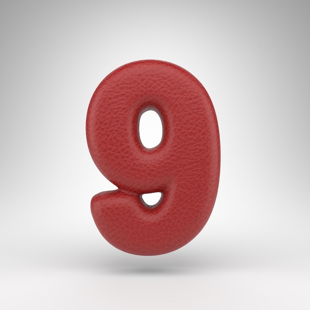 Number 9 on white background. Red leather 3D number with skin texture.