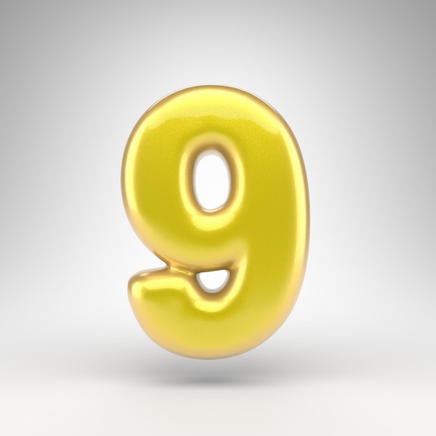 Number 9 on white background. Yellow car paint 3D rendered number with glossy metallic surface.