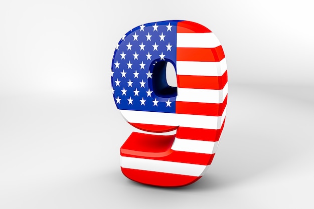 Number 9 with the American flag. 3D rendering - Illustration