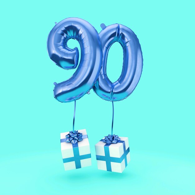 Number 90 birthday celebration foil helium balloon with presents 3D Render