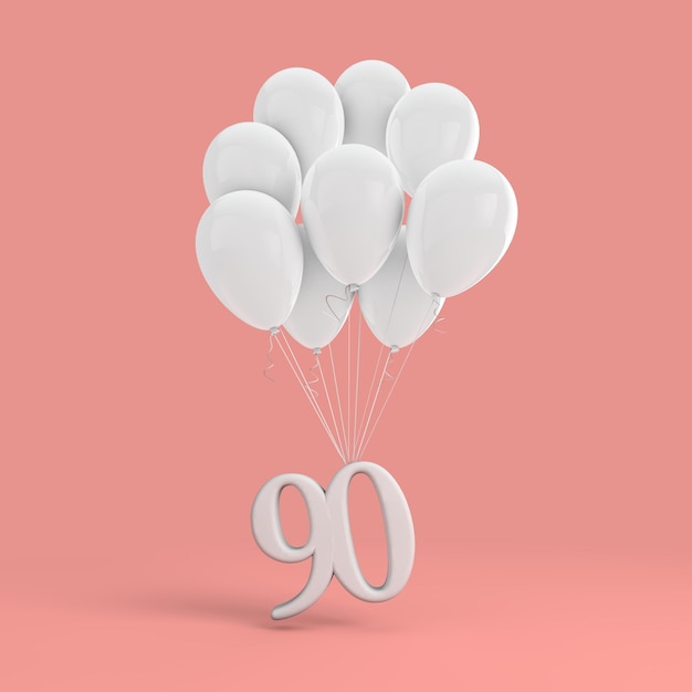 Number 90 party celebration Number attached to a bunch of white balloons